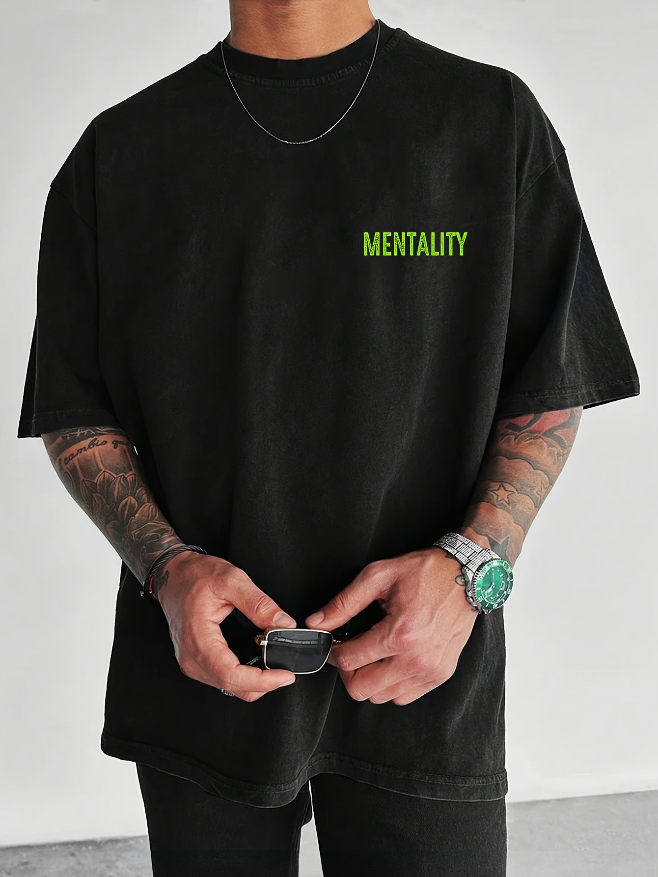 T-shirt casual da uomo Valstrend con stampa "MENTALITY", girocollo, maniche corte, ideale per l'estate e lo stile trendy.