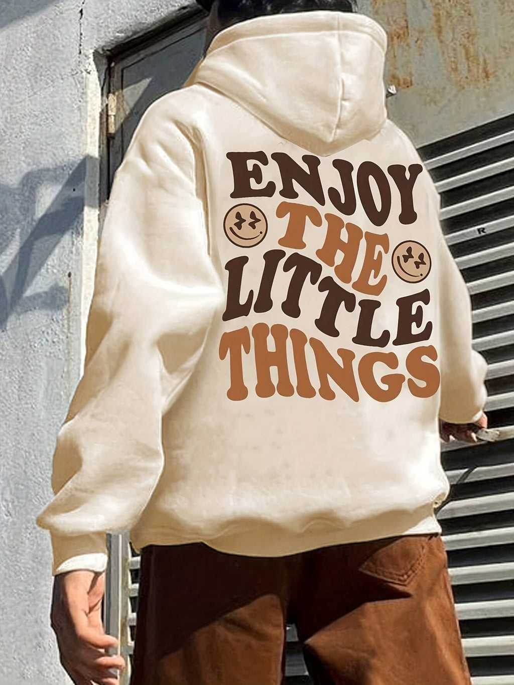 Felpa con cappuccio uomo Valstrend, maglia lunga casual con stampa “Enjoy The Little Things” e tasca marsupio, ideale per autunno inverno