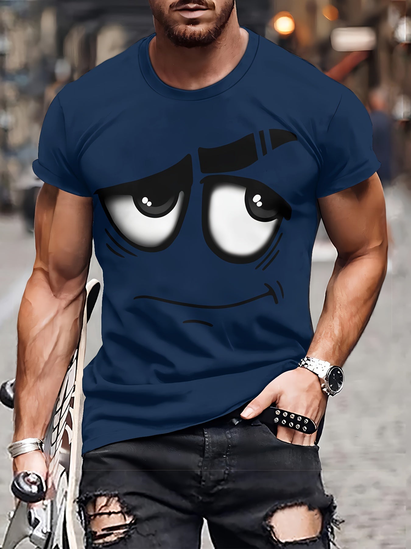 Maglietta uomo Valstrend con grafica 3D, maniche corte, collo rotondo, tessuto in poliestere, adatta a uso casual e lavabile in lavatrice.