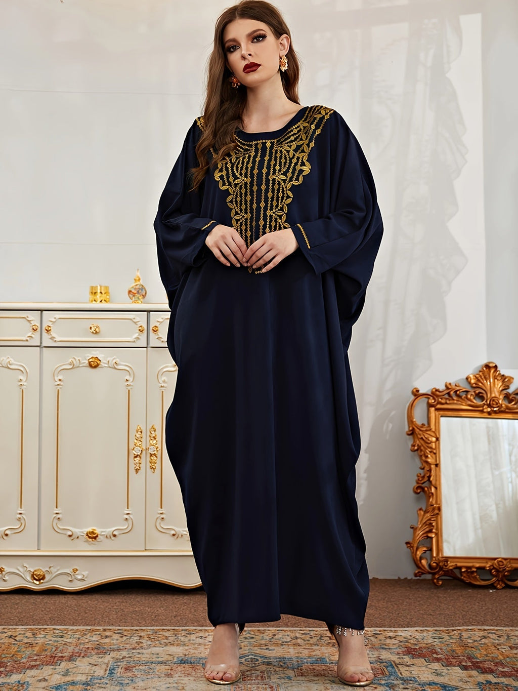 Vestito kaftan di taglia grande con motivo geometrico, maniche lunghe e collo rotondo, abbigliamento femminile elegante Valstrend