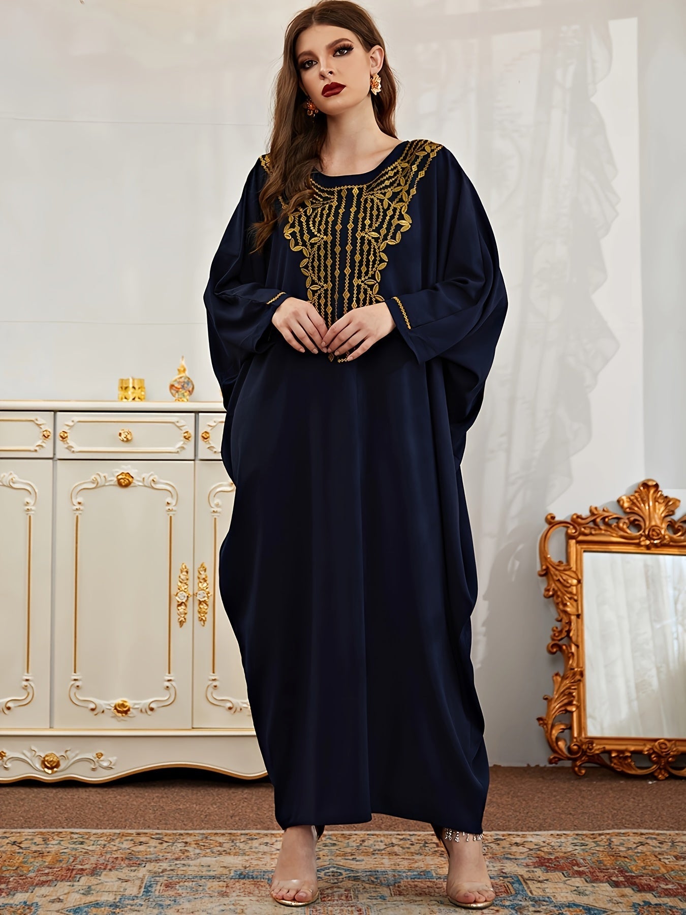 Vestito kaftan di taglia grande con motivo geometrico, maniche lunghe e collo rotondo, abbigliamento femminile elegante Valstrend