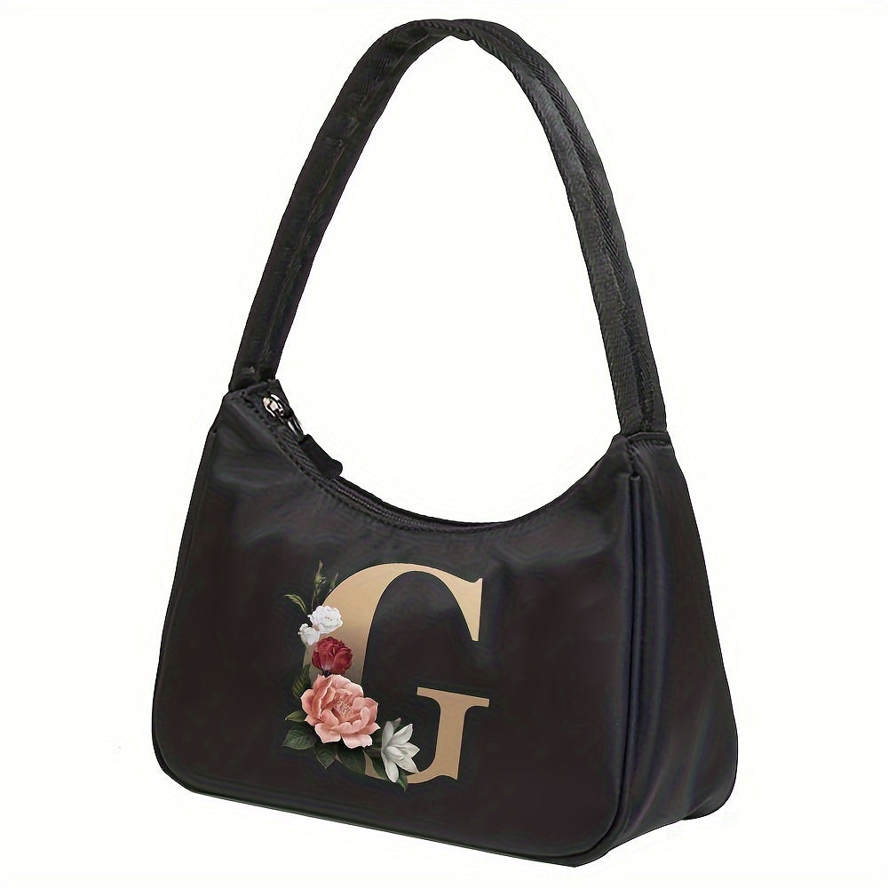 Floral Letter Print Shoulder Bag, Fashion Nylon Underarm Bag, Women's Zipper Handbag & Purse