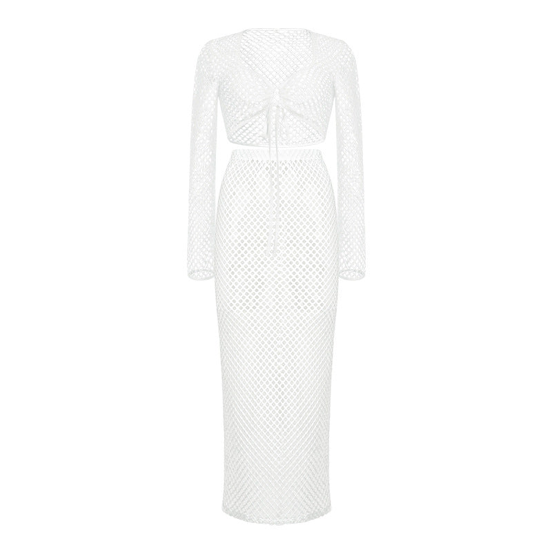 Lace Mesh Long Sleeve Narrow Casual Knitted Maxi Dress Suit