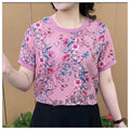 Camicia femminile floreale a girocollo Valstrend, stile occidentale, maniche corte, vestibilità slim e comoda per mamme di mezza età.