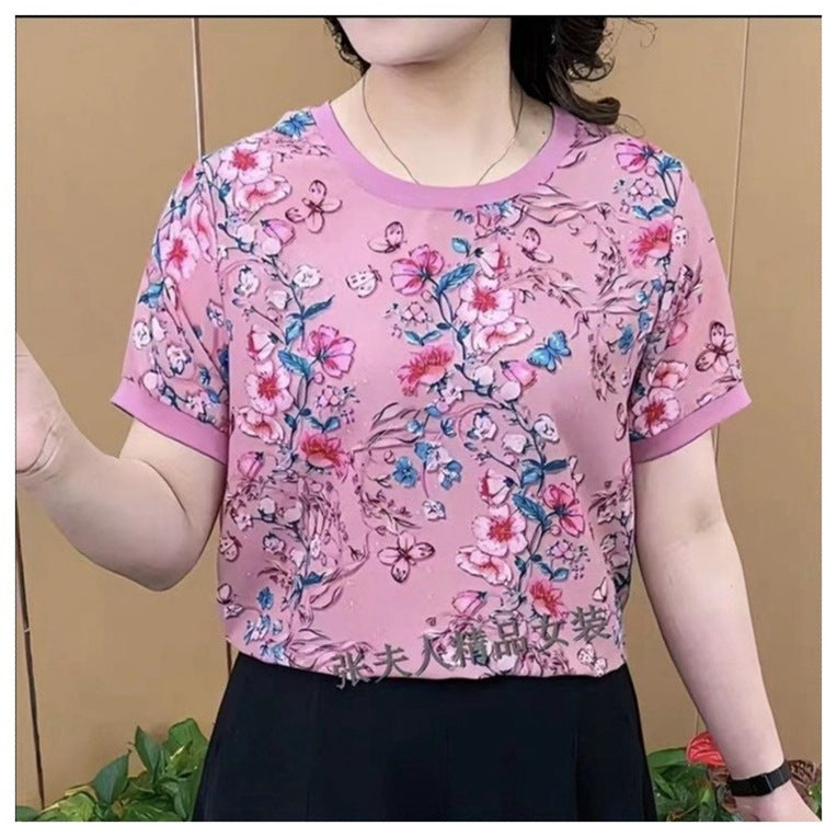 Camicia femminile floreale a girocollo Valstrend, stile occidentale, maniche corte, vestibilità slim e comoda per mamme di mezza età.