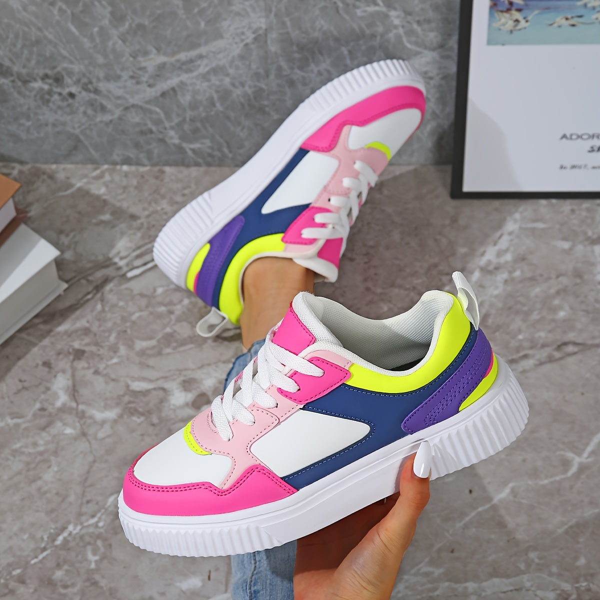 Women'S Casual Geometric Sneakers - Low Top, Lightweight, Hand Washable Faux, Fabric Lining, EVA Sole, Round Toe, Lace-Up, All-Season Comfort