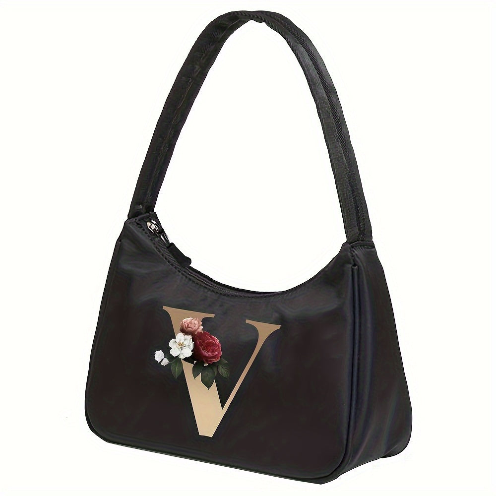 Floral Letter Print Shoulder Bag, Fashion Nylon Underarm Bag, Women's Zipper Handbag & Purse