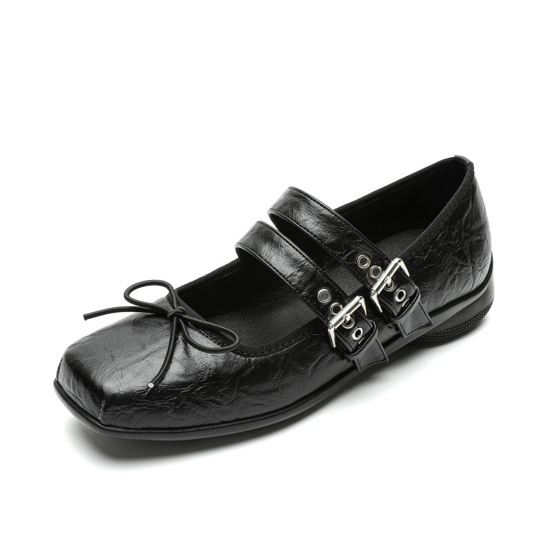 Scarpe Mary Jane da donna Valstrend in vera pelle argento, con punta quadrata e design vintage, scarpe flat eleganti