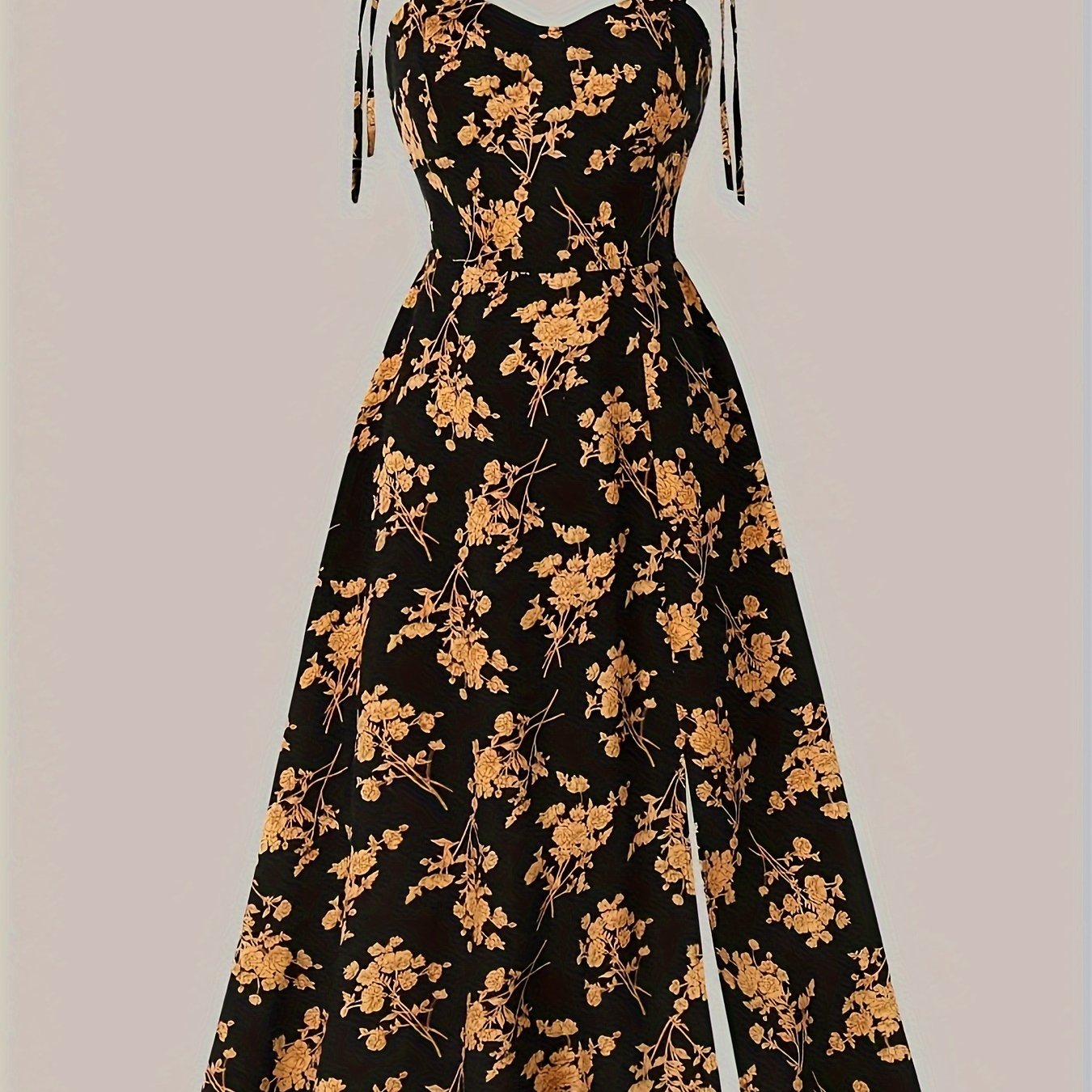 Floral Print Tie Shoulder Dress, Vacation Style Split Hem A-line Cami Dress For Spring & Summer, Women's Clothing