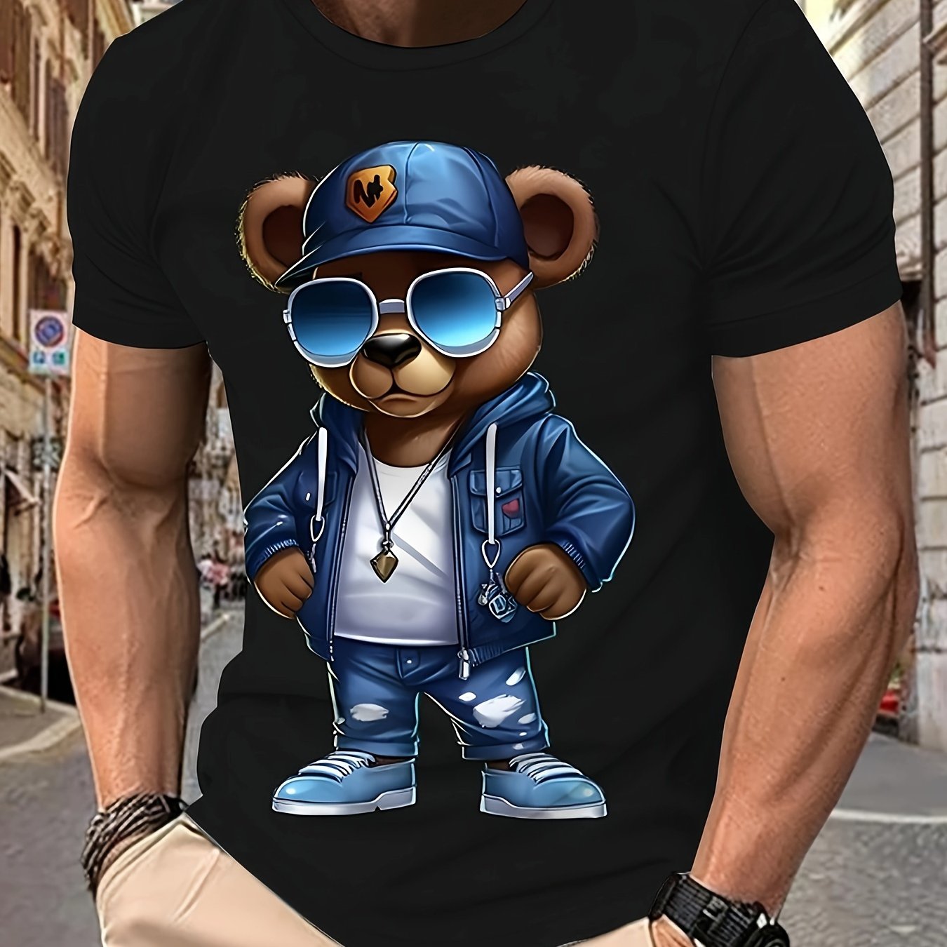 Felpa casual da uomo Valstrend con design di orso cartone animato, tasca kangaroo, in poliestere, lavabile in lavatrice.