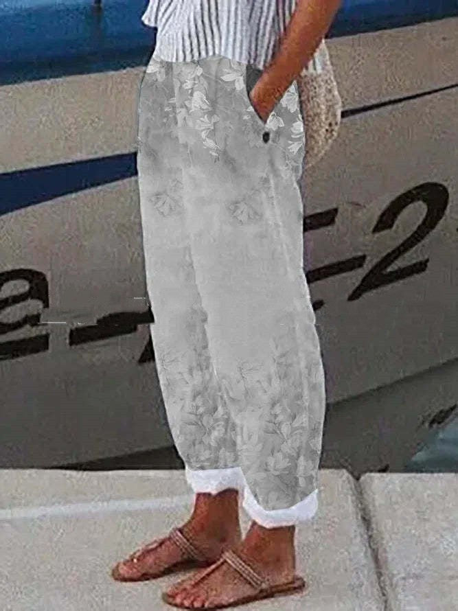 Pantaloni casual in cotone e lino Valstrend con stampa digitale 3D, stile semplice e comodo, con orecchie di straccio.