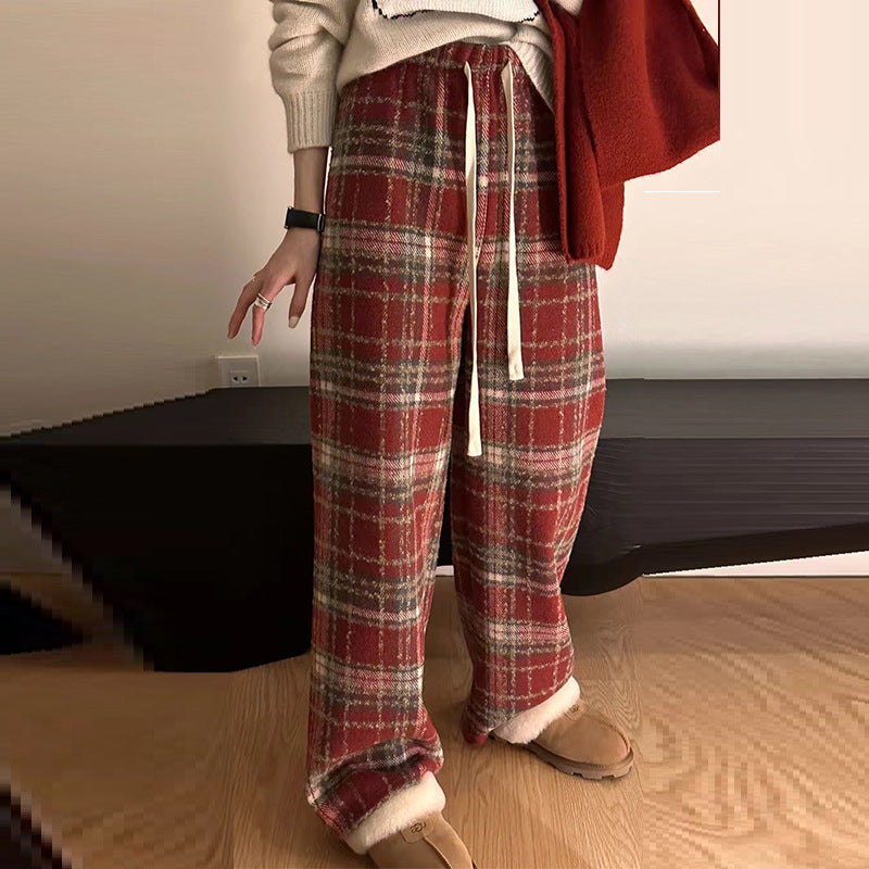Christmas Red Wool Fleece-lined Lattice Loose Pants