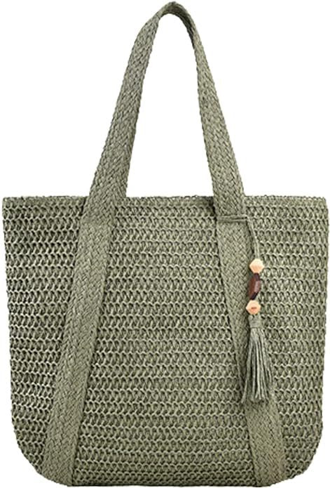 Borsa da donna in paglia con nappine e dettagli intrecciati, stile da spiaggia, marchio Valstrend shop.