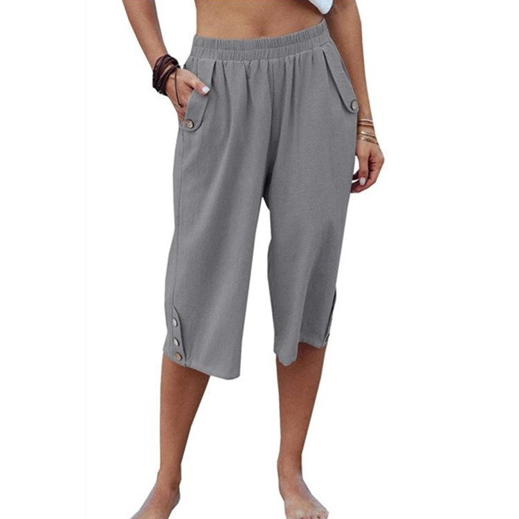 Pantaloni corti casual sportivi Valstrend in cotone e lino, colore unito, vestibilità larga e stile rilassato per donna.