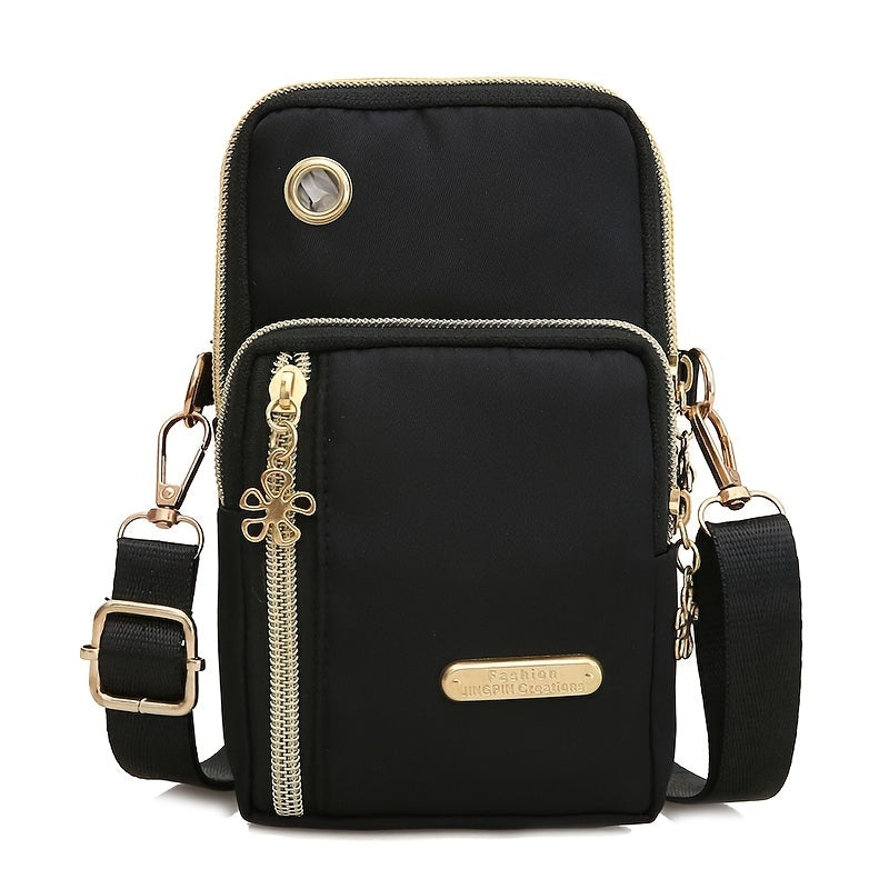 Women's Solid Color Nylon Crossbody Phone Bag with Zipper Closure and Polyester Lining, Casual Mini Shoulder Pouch with External Pockets