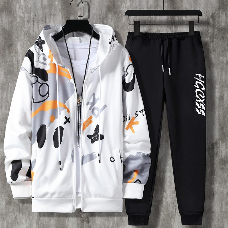 Completo casual uomo Valstrend in morbido tessuto con stampa e zip, adatto a primavera e autunno, stile rilassato e moderno