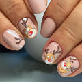 Set di unghie adesive natalizie con renne, 24 pezzi, forma ovale corta, finish lucido, decorazioni animate per donne e feste.