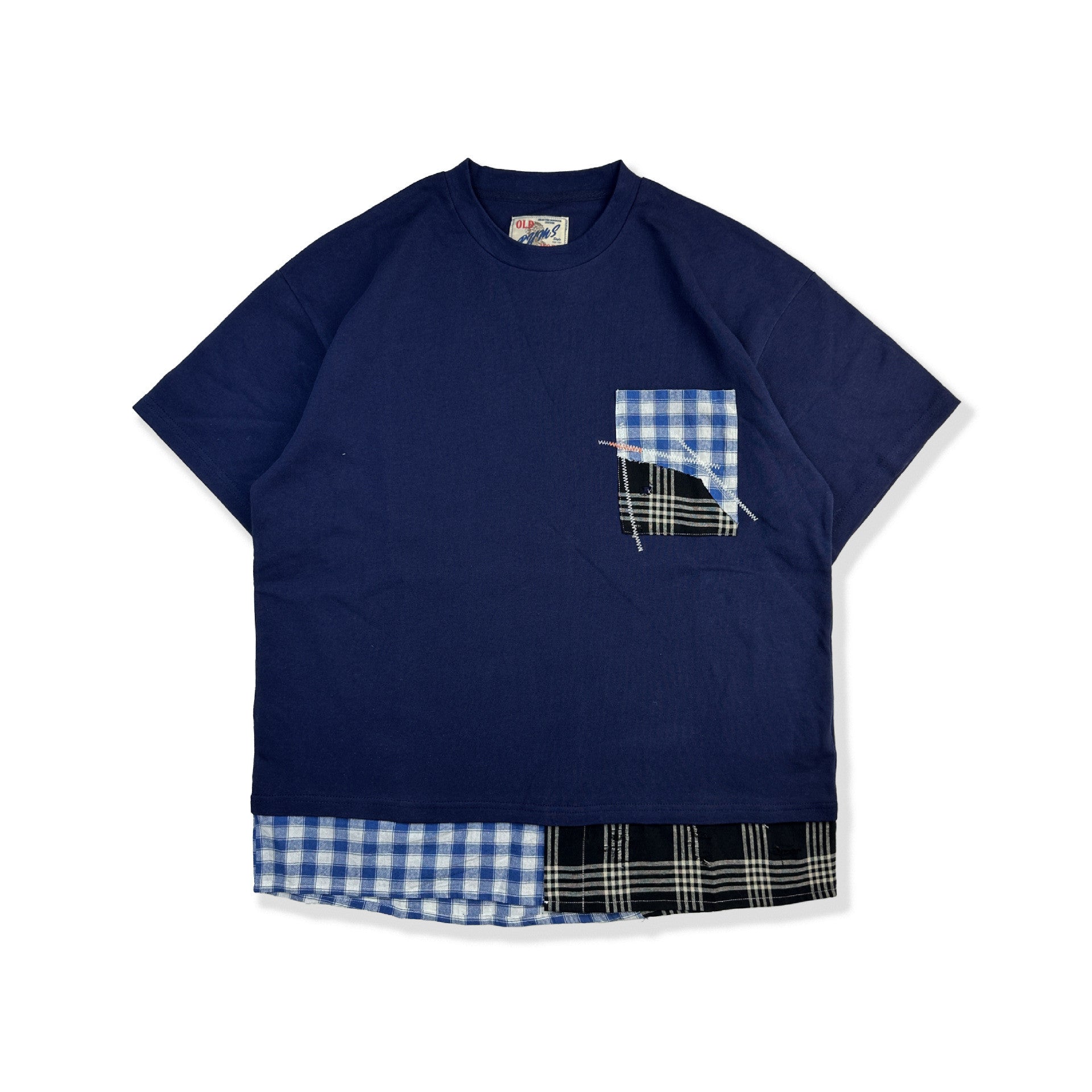 T-shirt da uomo Valstrend con patchwork, manica corta e stile loose, visibile in primo piano su sfondo neutro.