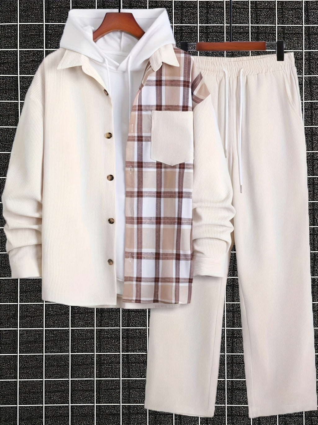 Completo uomo casual con camicia plaid e pantaloni, giacca button-up, tasca patch, in tessuto poliestere per primavera e autunno.