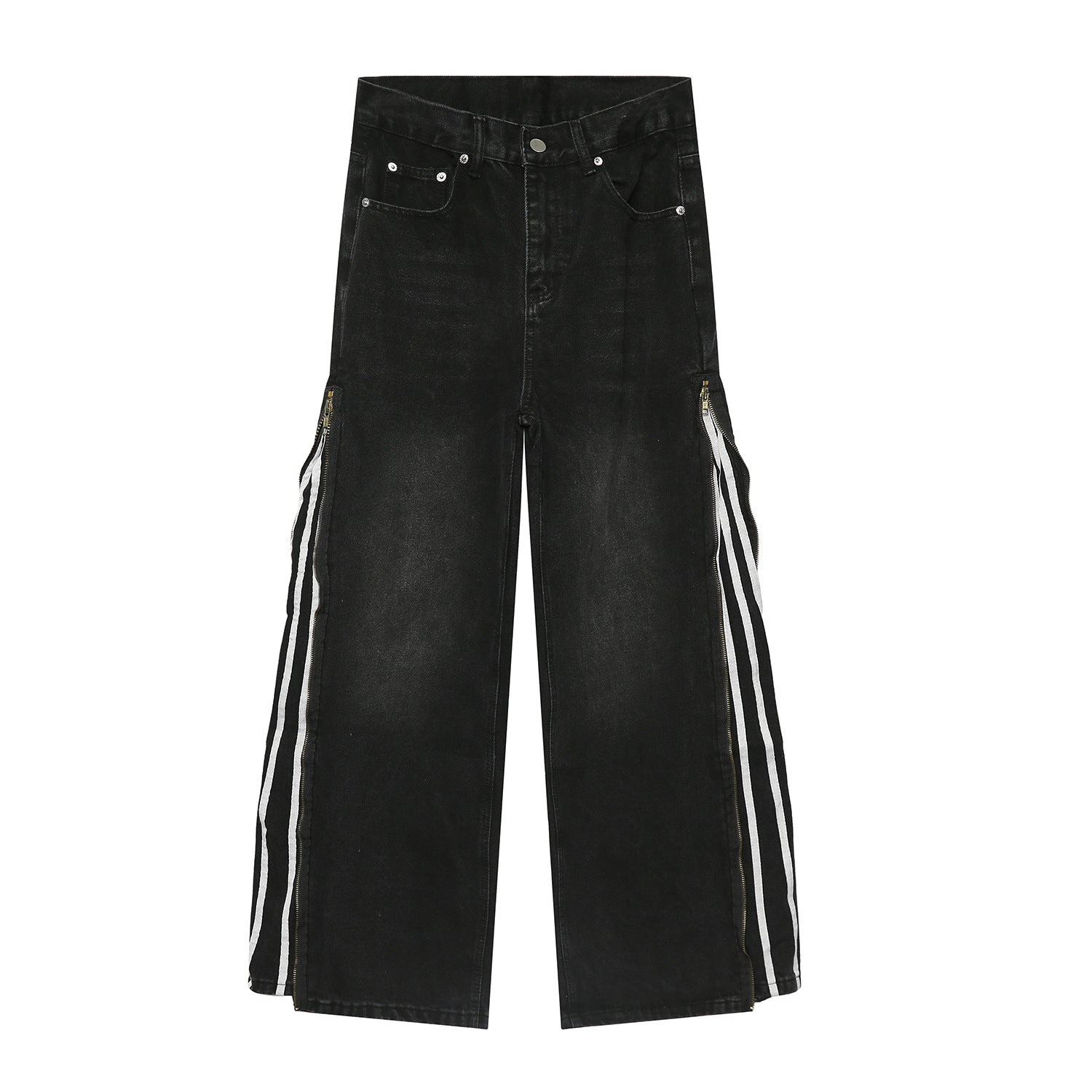 Jeans da uomo Valstrend con zip laterale, righe e taglio dritto, stile casual e vestibilità ampia.