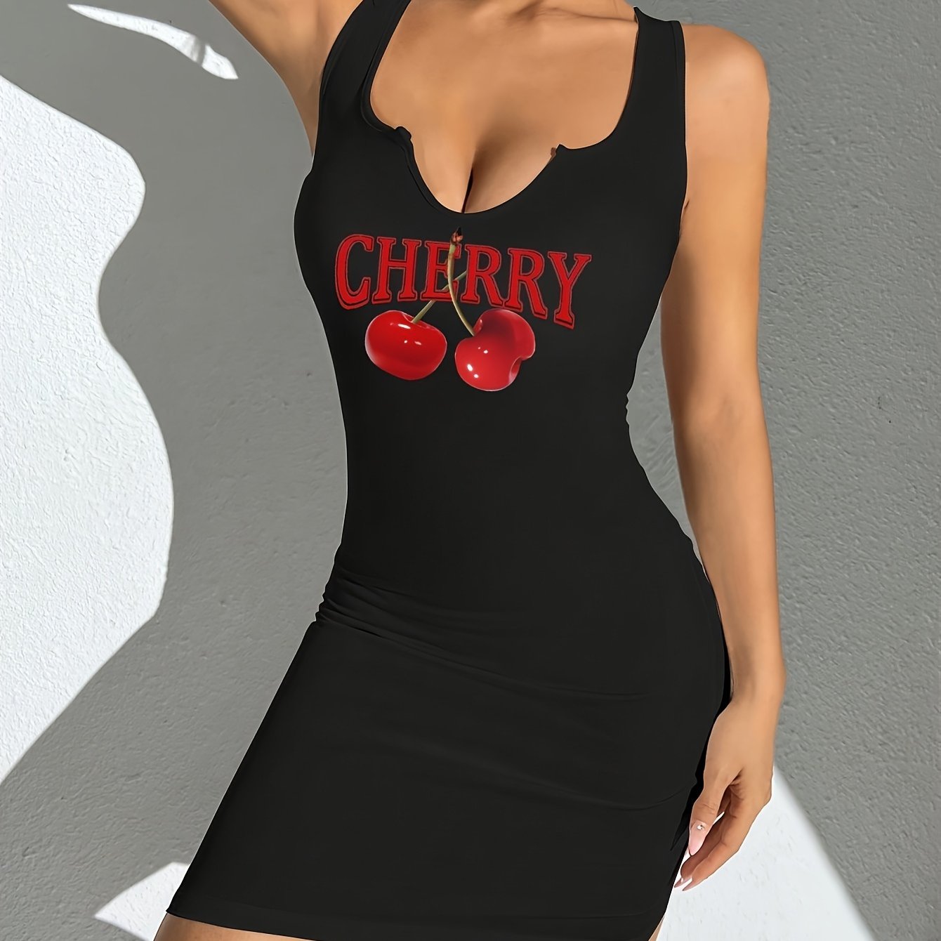 Cherry Print Notched Neck Tank Dress, Casual Sleeveless Bodycon Dress For Spring & Summer, Women's Clothing