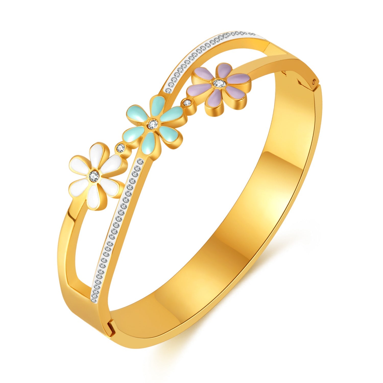Bracciale donna in acciaio inossidabile con gocce di olio e fiore di margherita, stile fashion e moderno.
