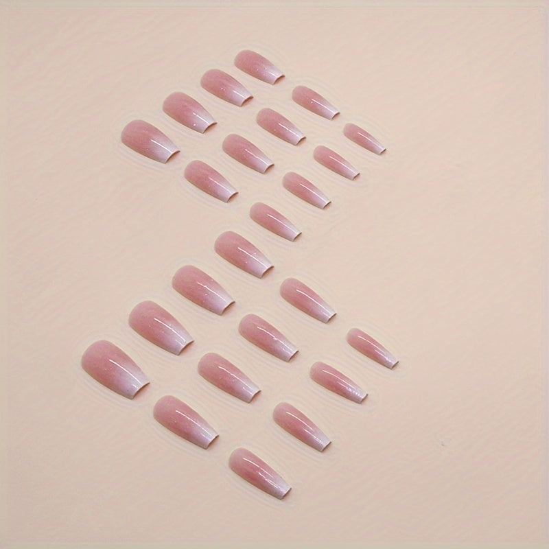 Set di 24 unghie finte a forma di ballerina lucide con sfumatura bianca e rosa, per donne e ragazze, marca Valstrend.