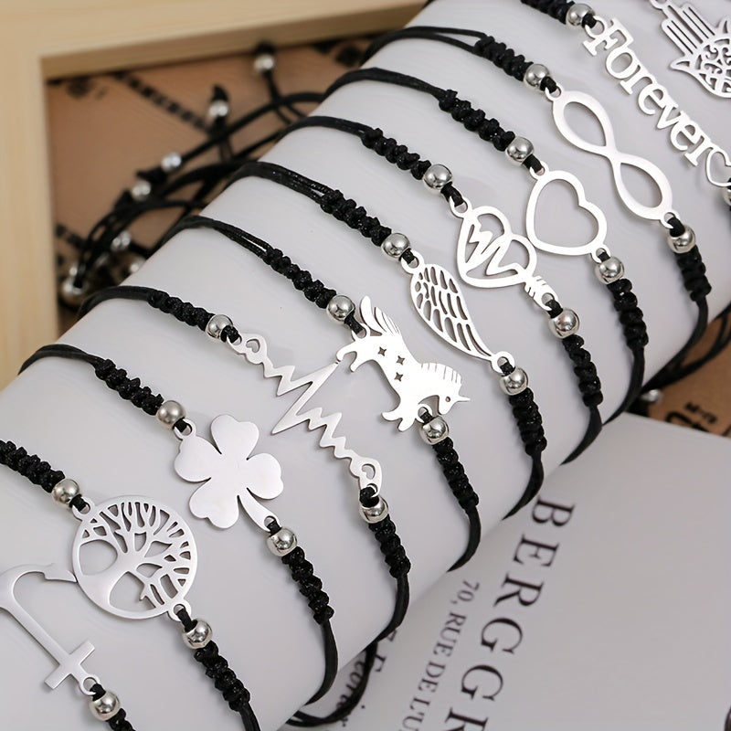 Set di 12 braccialetti unisex con charms Fatima, unicorni e cuori in acciaio inossidabile, con corda nera regolabile e intrecciata.