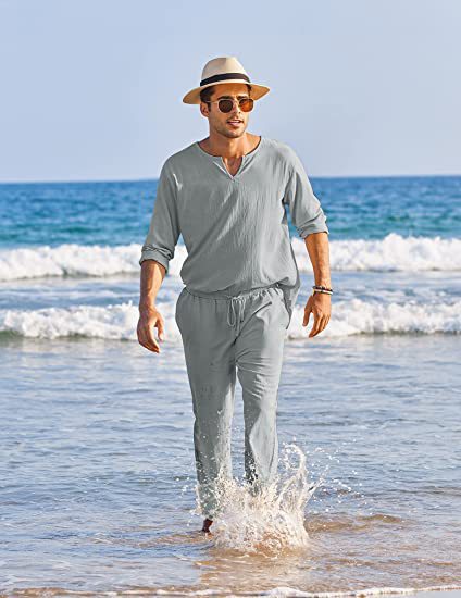 Completo uomo casual in cotone e lino, con tasca e cintura elastica, in tinta unita, marchio Valstrend.