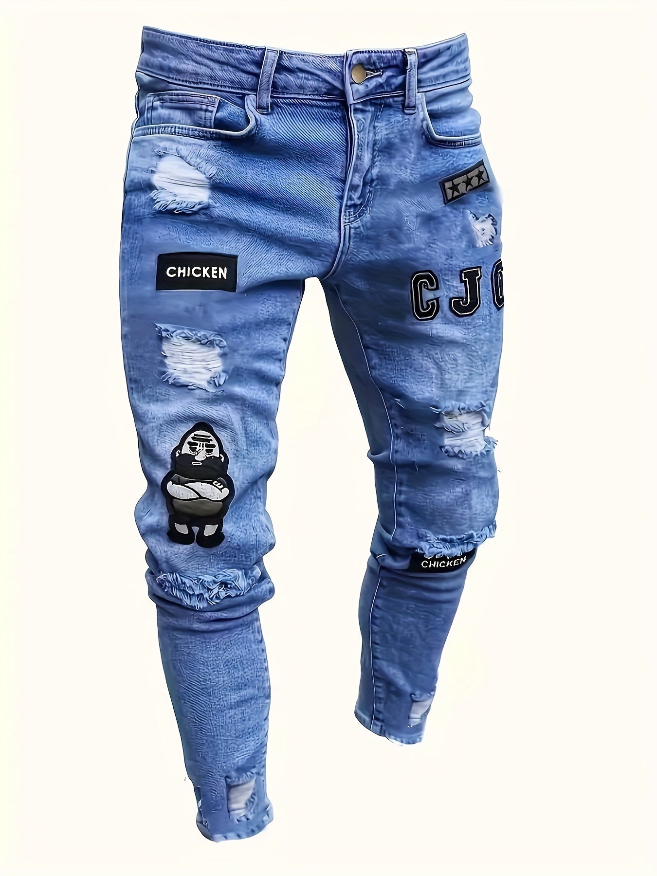 Jeans skinny strappati da uomo Valstrend con stampa di lettere chicken, denim casual per uso quotidiano e look alla moda.