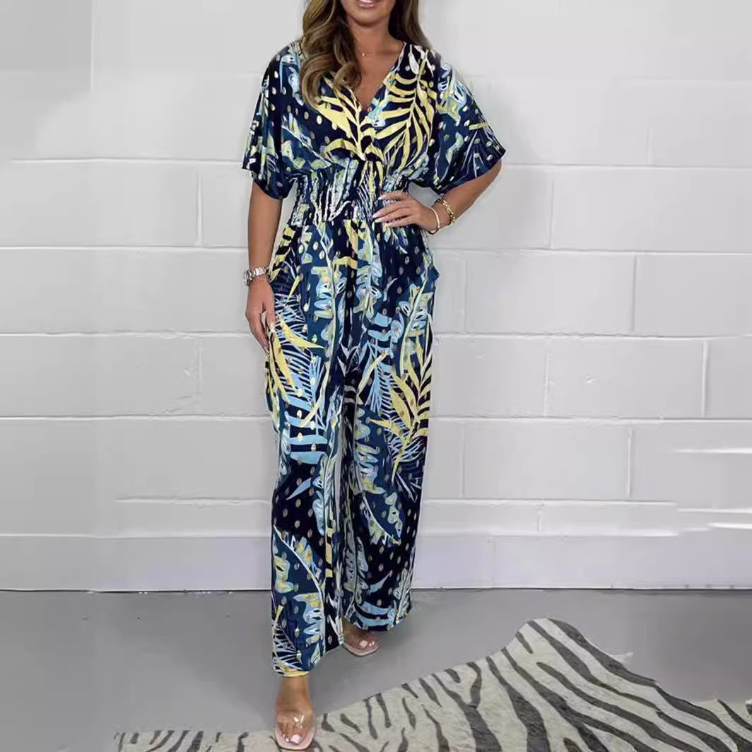Completo da donna Valstrend con stampa natalizia, pantaloni larghi e stile jumpsuit, ideale per le feste e il relax.