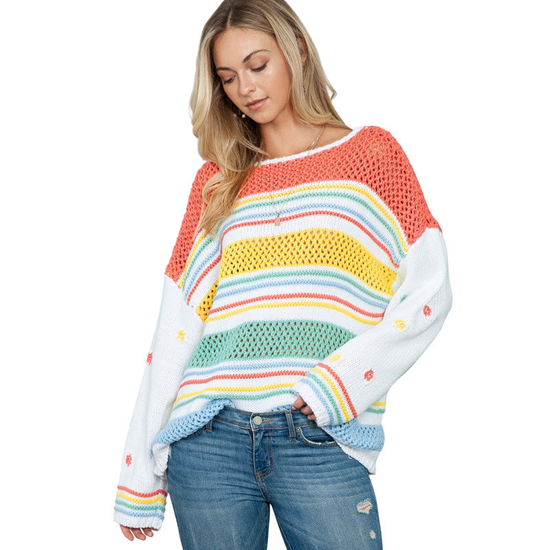 Maglione donna a righe arcobaleno, collo rotondo, stile europeo e americano, contrasto di colori, marca Valstrend.