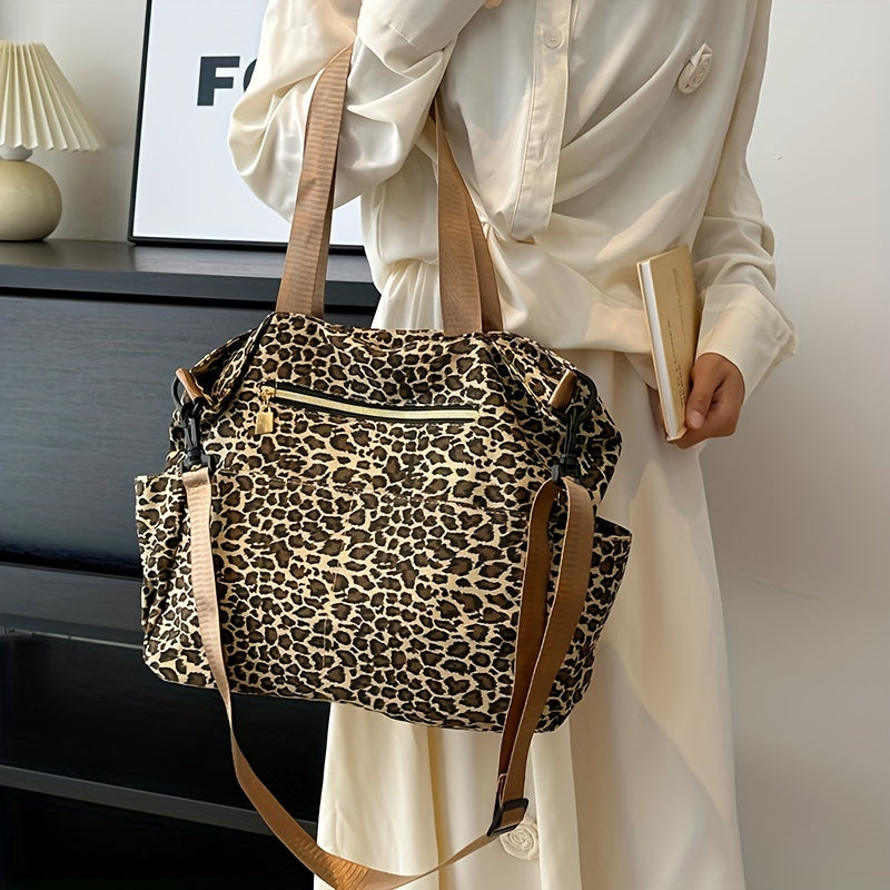 Leopard Print Canvas Versatile Single Shoulder Crossbody Handbag With Adjustable Strap, Multiple Pockets, Perfect For Casual Outdoor