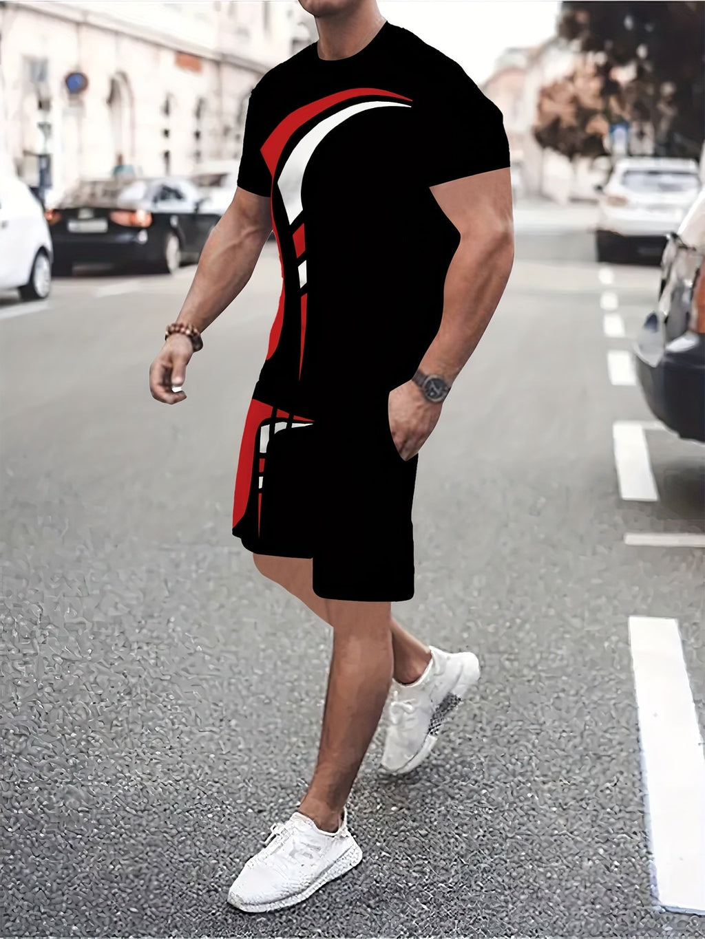 Completo uomo Valstrend: T-shirt e pantaloncini geometrici irregolari con tasche, girocollo, maniche corte, perfetto per l’estate all'aperto.