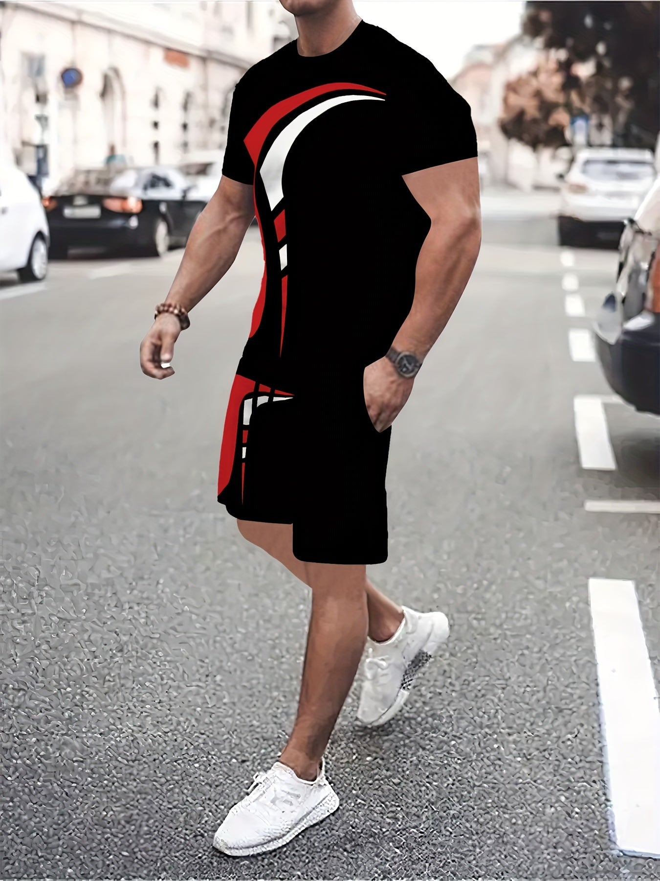 Completo uomo Valstrend: T-shirt e pantaloncini geometrici irregolari con tasche, girocollo, maniche corte, perfetto per l’estate all'aperto.
