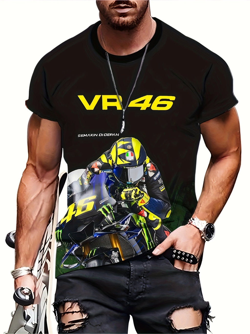 Maglietta da uomo Valstrend con stampa digitale 3D, grafica motociclista, collo rotondo, vestibilità regolare in tessuto poliestere.