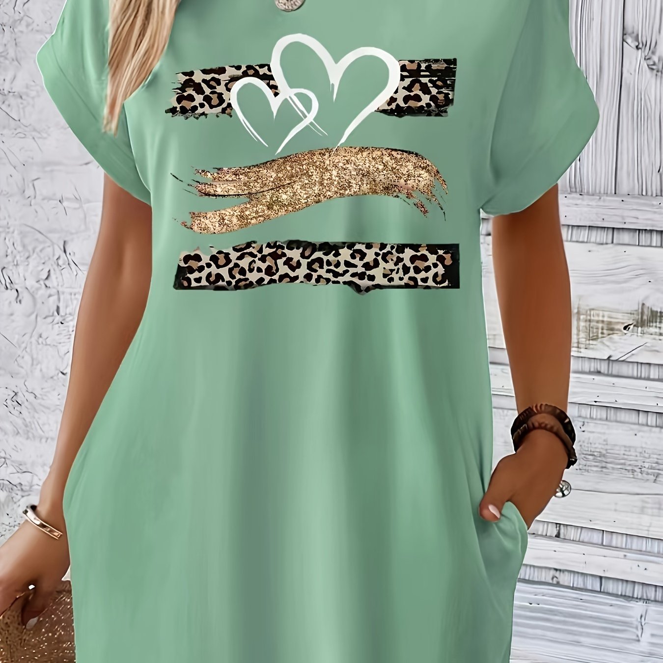 Heart & Leopard Print Dress With Pockets, Short Sleeve Crew Neck Casual Dress For Summer & Spring, Women's Clothing