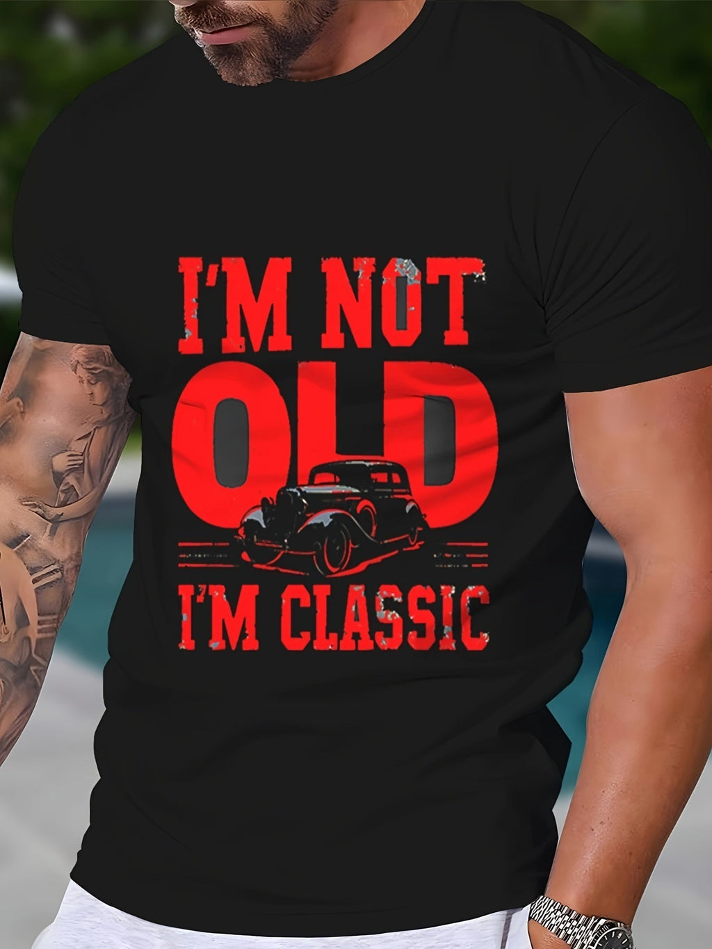 T-shirt casual da uomo Valstrend con motivo geometrico, design di auto vintage, tessuto elasticizzato, collo rotondo, stile classico.