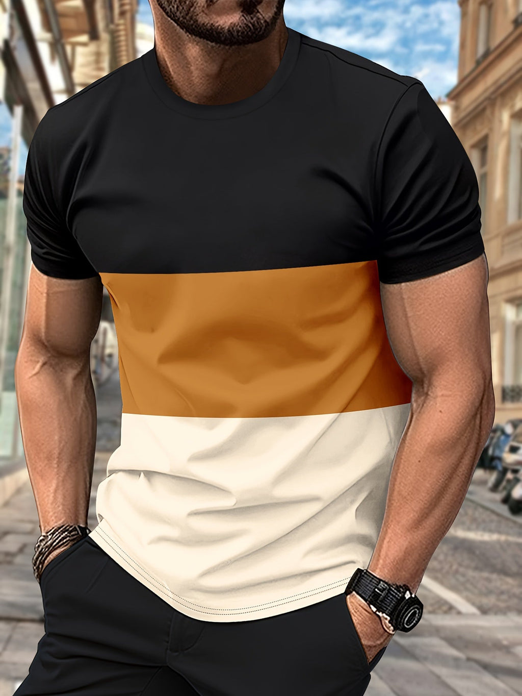 Men's Color Block Pattern Crew Neck And Short Sleeve T-shirt, Casual And Breathable Tops For Summer Outdoors Wear