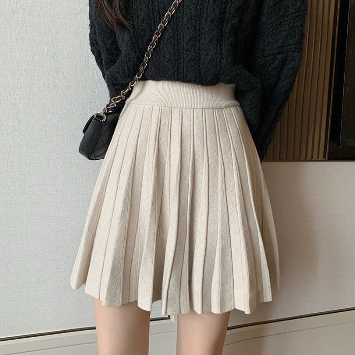 Gonna a vita alta autunnale e invernale da donna Valstrend, gonna plissettata in maglia, stile elegante e caldo per la stagione fredda