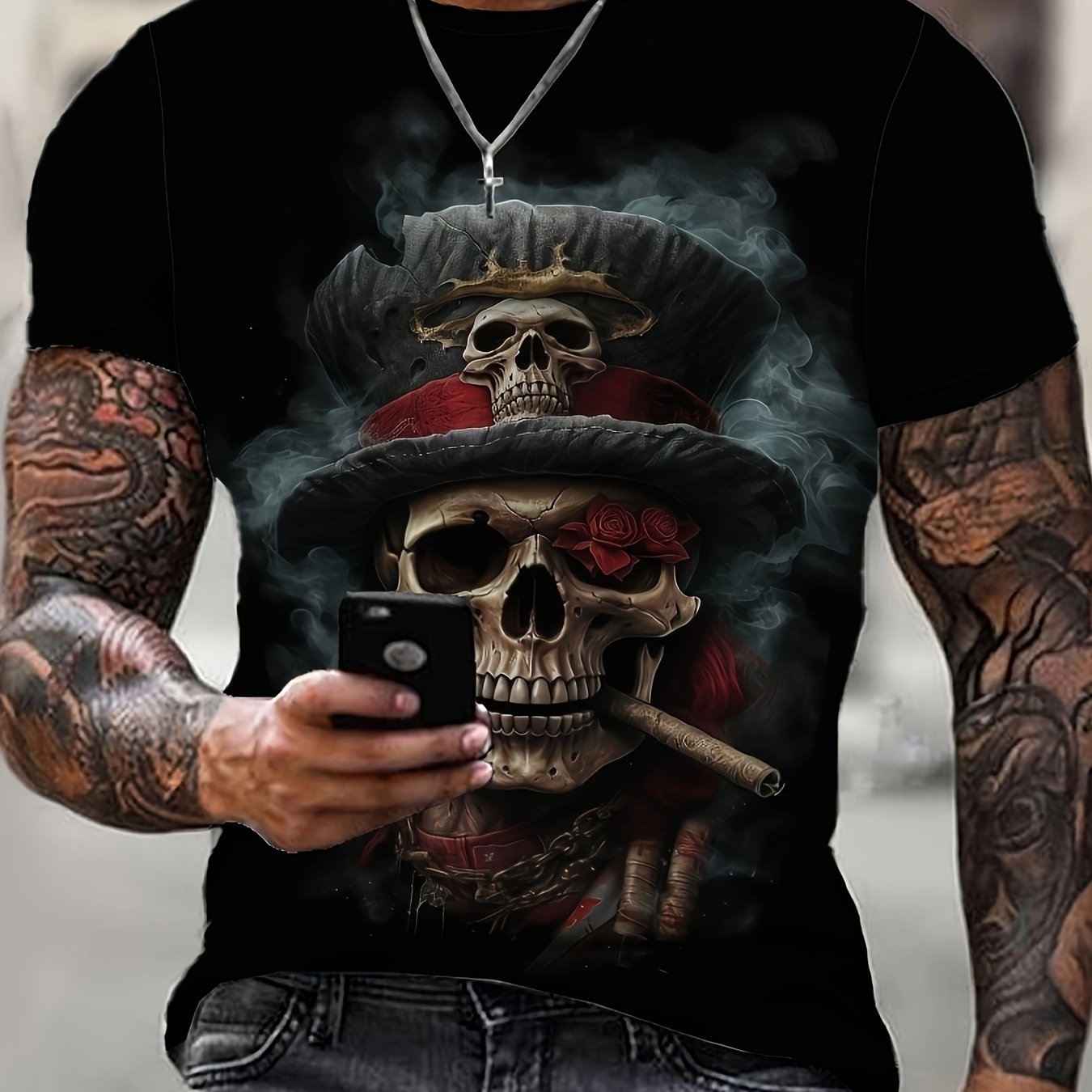 Maglietta uomo Valstrend con stampa teschio, maniche corte e scollo rotondo, ideale per abbigliamento casual outdoor