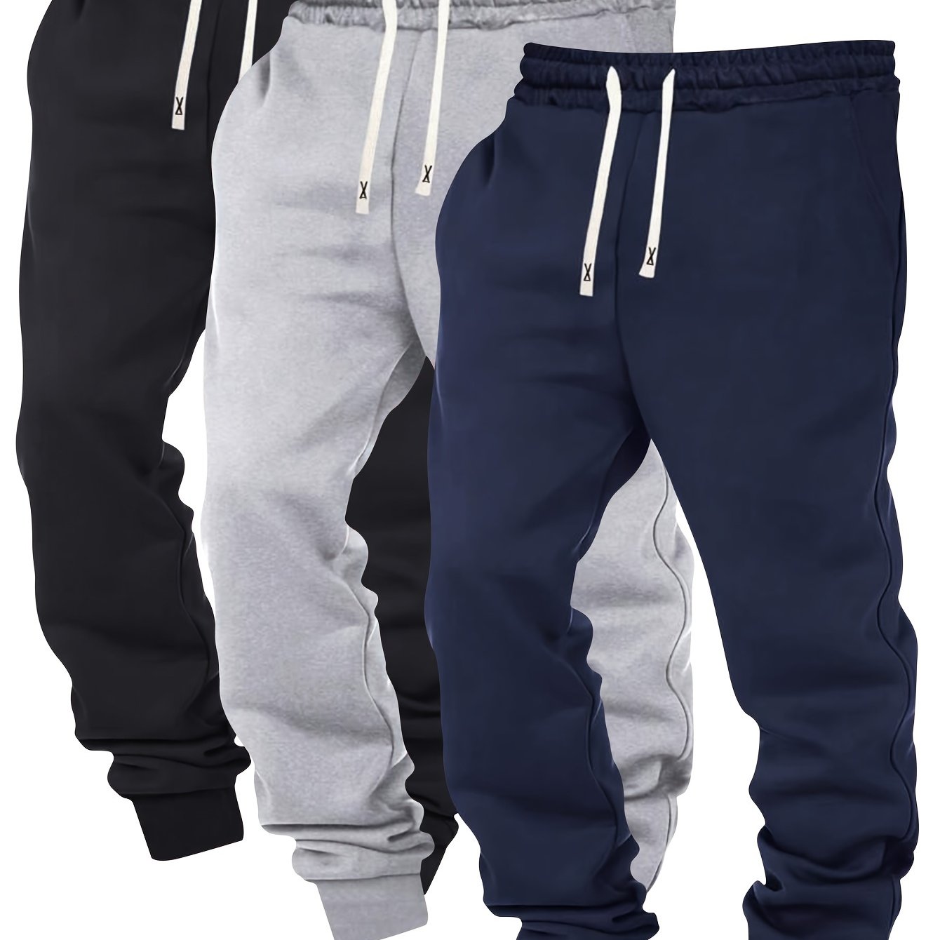 3pcs Men's Solid Color Joggers with Drawstring Waist - Casual Athletic Sweatpants, Polyester Blend, Machine Washable