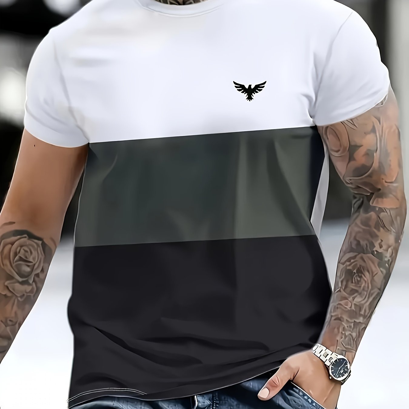 T-shirt da uomo Valstrend con grafica aquila, blocchi di colore e strisce, maniche corte e collo rotondo per uso casual e vacanze