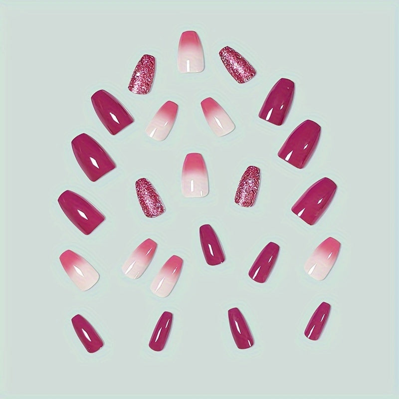 Set di 24 unghie finte ballerina press-on stile francese con glitter viola, inclusa limetta e adesivi, per manicure elegante.