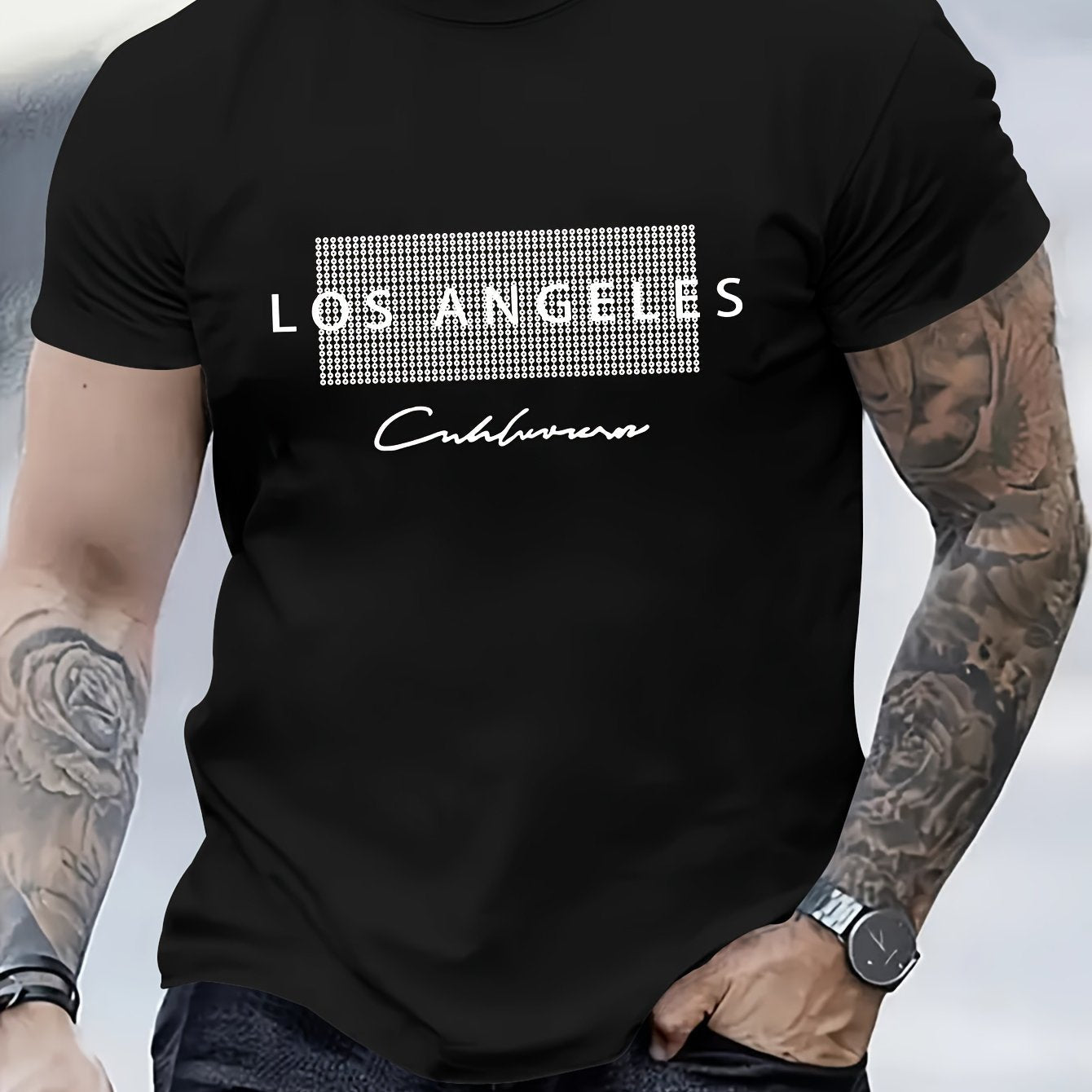 T-shirt casual da uomo Valstrend con stampa Los Angeles, maniche corte, ideale per l'estate, tessuto morbido e comodo