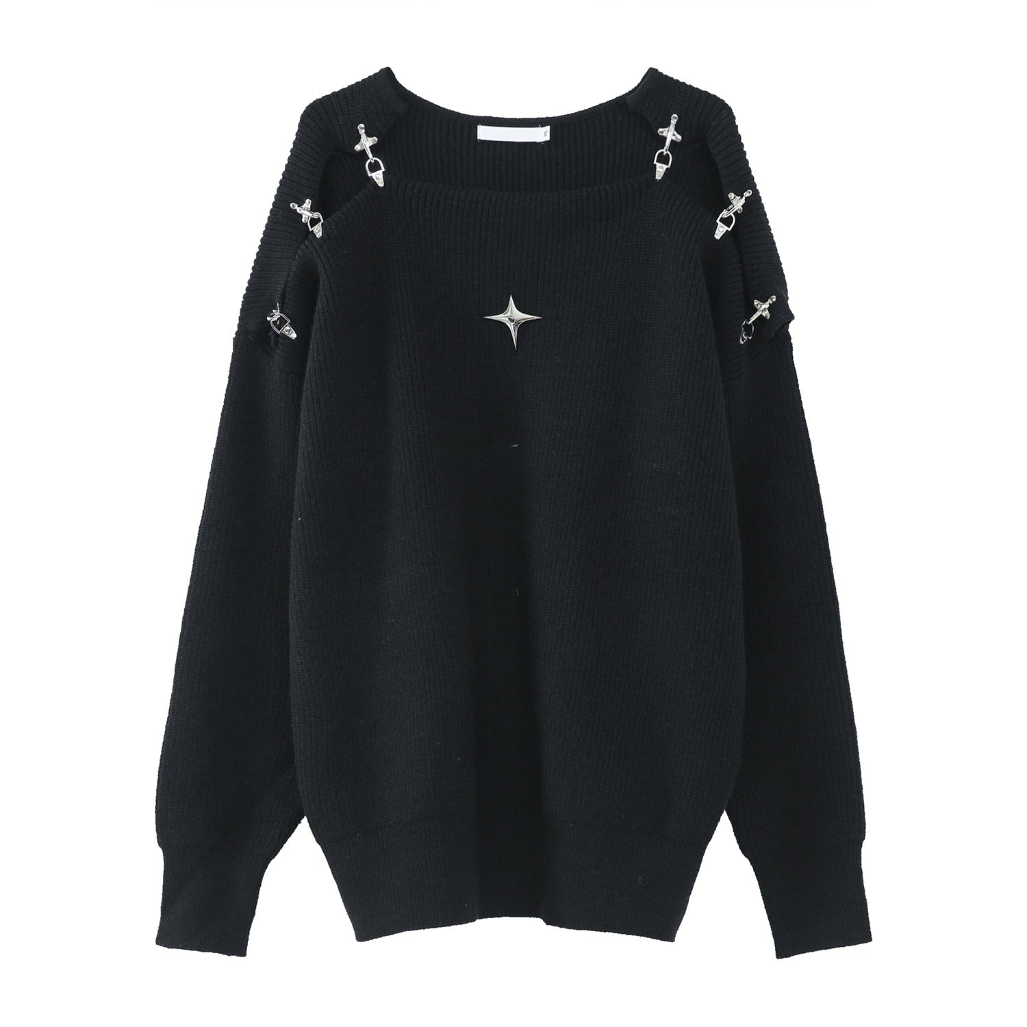 Maglione in maglia a maniche lunghe con fibbia in metallo stile coreano, design vuoto e dettagli eleganti, marca Valstrend.