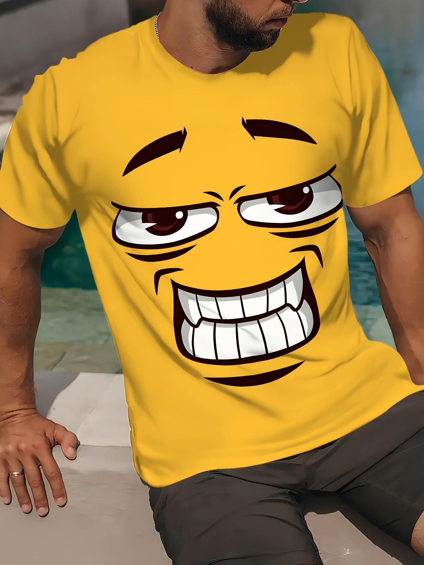 T-shirt casual da uomo Valstrend con stampa faccia sorridente 3D, maniche corte, collo rotondo, tessuto poliestere, lavabile in lavatrice