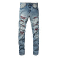 Jeans slim elastic con fori perforati per uomo, marca Valstrend shop, vestibilità aderente e stile moderno.
