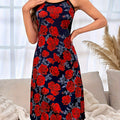 Rose Print Spaghetti Strap Dress, Elegant Sleeveless Cami Dress For Spring & Summer, Women's Clothing