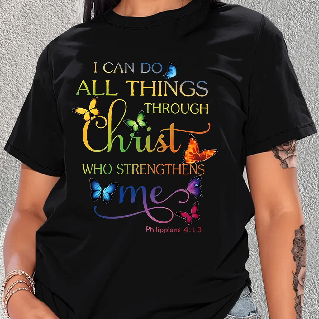 T-shirt donna Valstrend con maniche corte, stampa farfalla colorata e citazione ispiratrice, collo rotondo casual, moda femminile